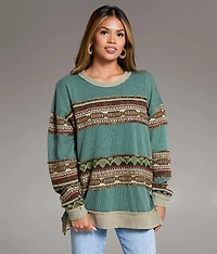 Jacquard Applique Fringe Oversized Top