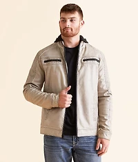 Washed Faux Leather Hooded Jacket