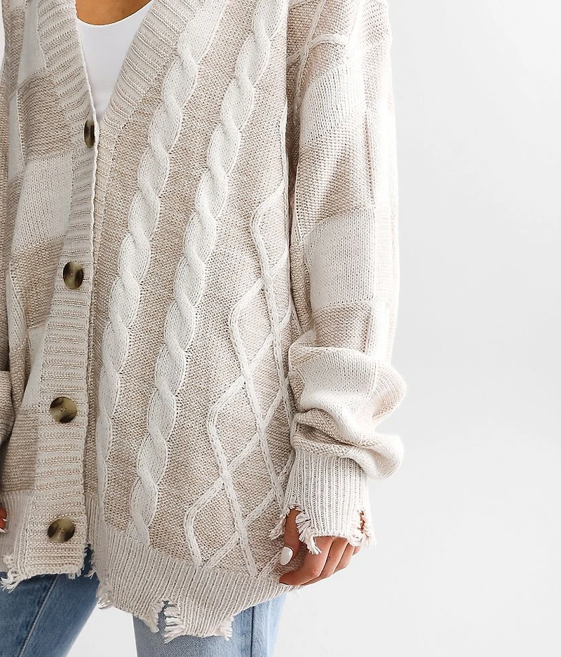 Checkered Cable Knit Cardigan Sweater
