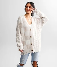 Checkered Cable Knit Cardigan Sweater