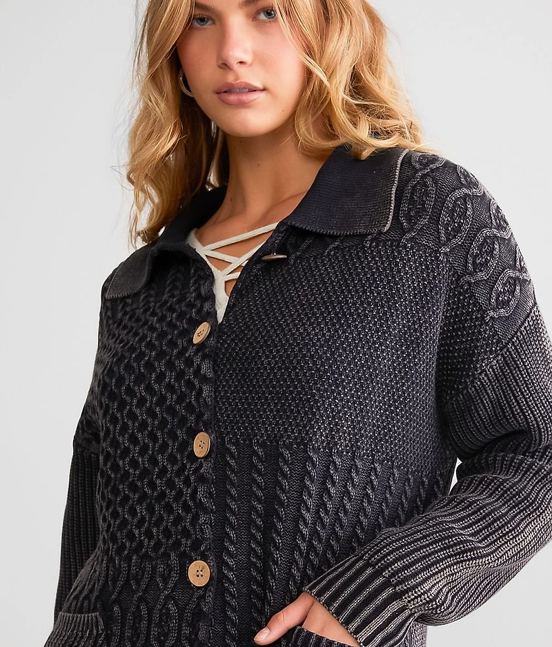 Washed Cable Knit Cardigan Sweater