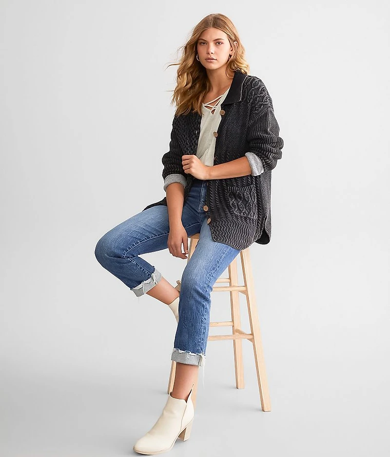 Washed Cable Knit Cardigan Sweater