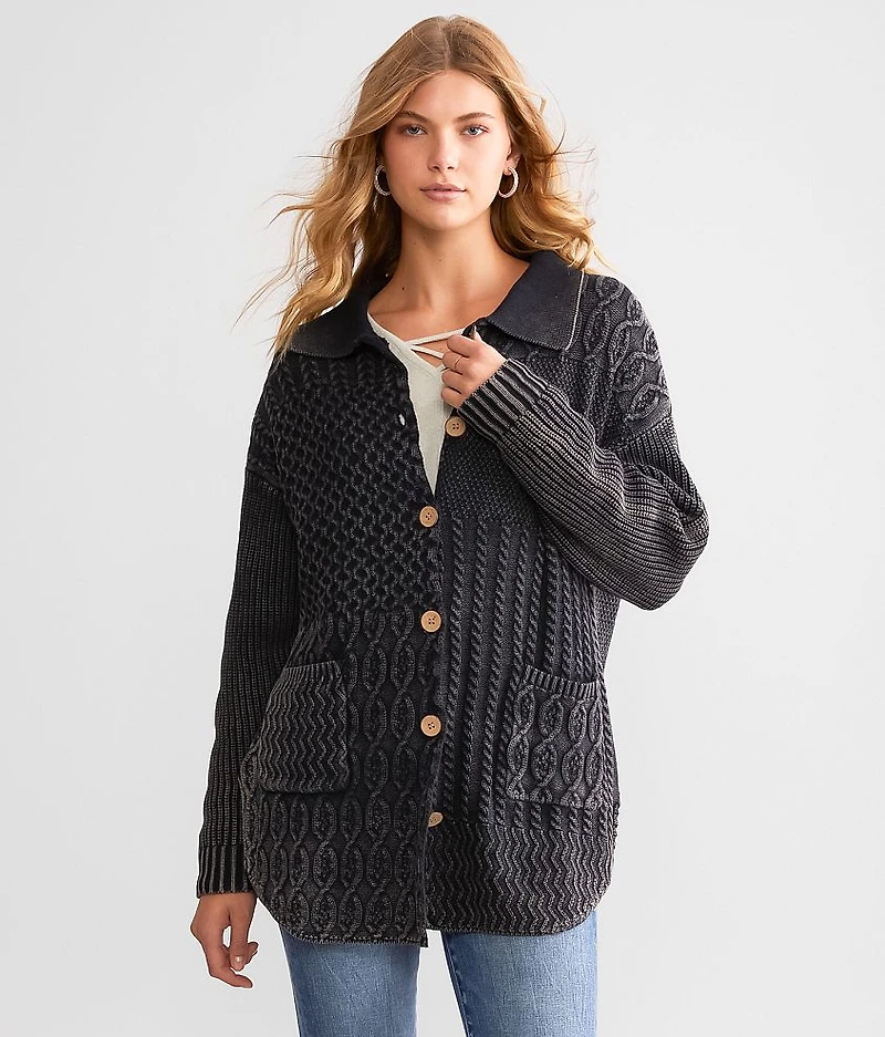 Washed Cable Knit Cardigan Sweater