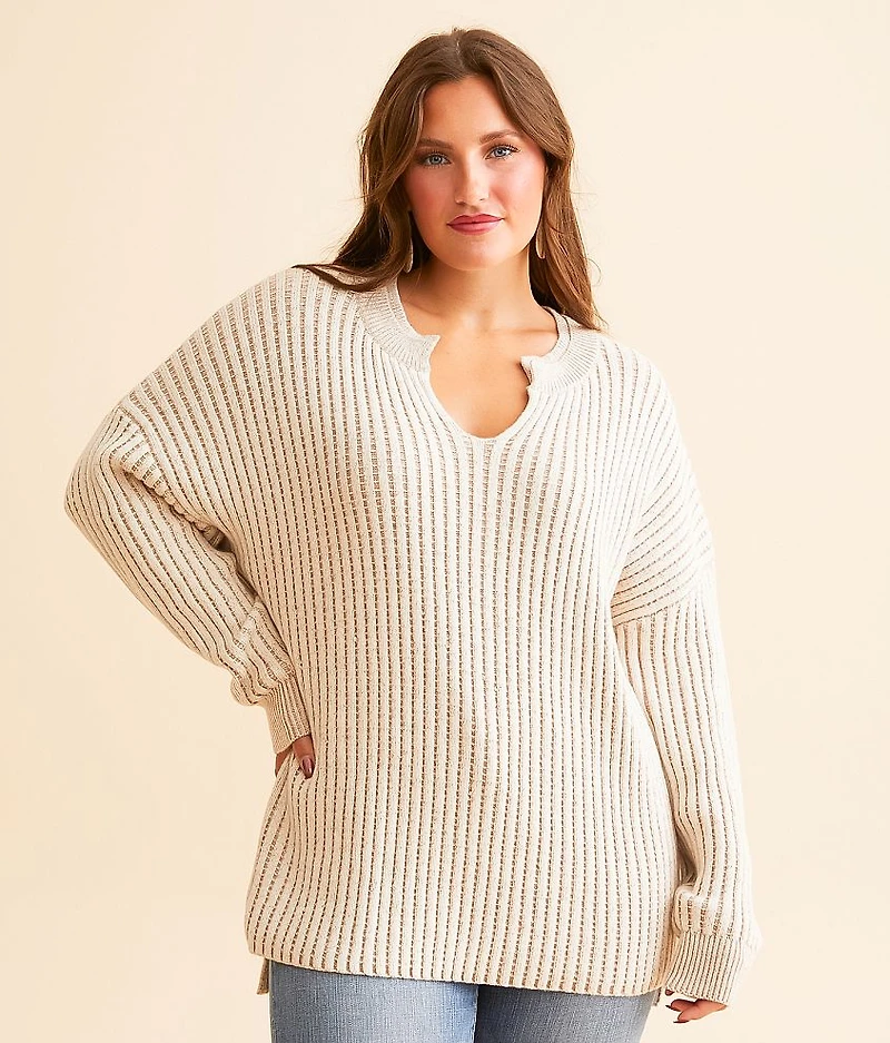 Notch Neck Oversized Waffle Sweater