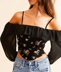 Metallic Floral Cold Shoulder Top