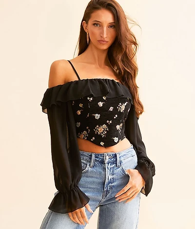 Metallic Floral Cold Shoulder Top