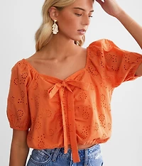 Eyelet Tie Front Cropped Top