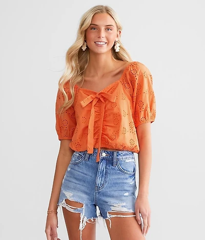 Eyelet Tie Front Cropped Top