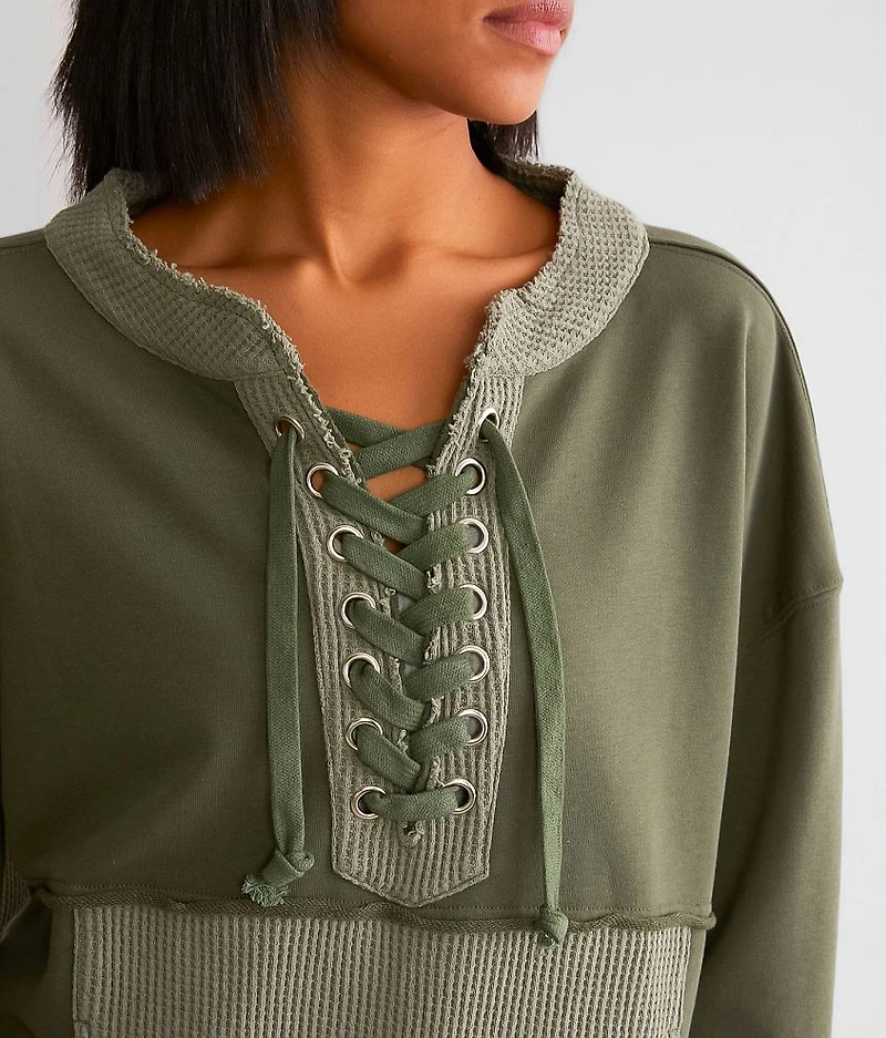 Waffle Knit Lace-Up Thermal Pullover