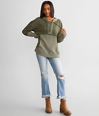 Waffle Knit Lace-Up Thermal Pullover
