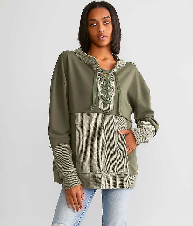 Waffle Knit Lace-Up Thermal Pullover