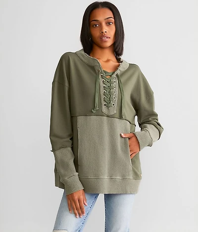 Waffle Knit Lace-Up Thermal Pullover