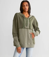 Waffle Knit Lace-Up Thermal Pullover