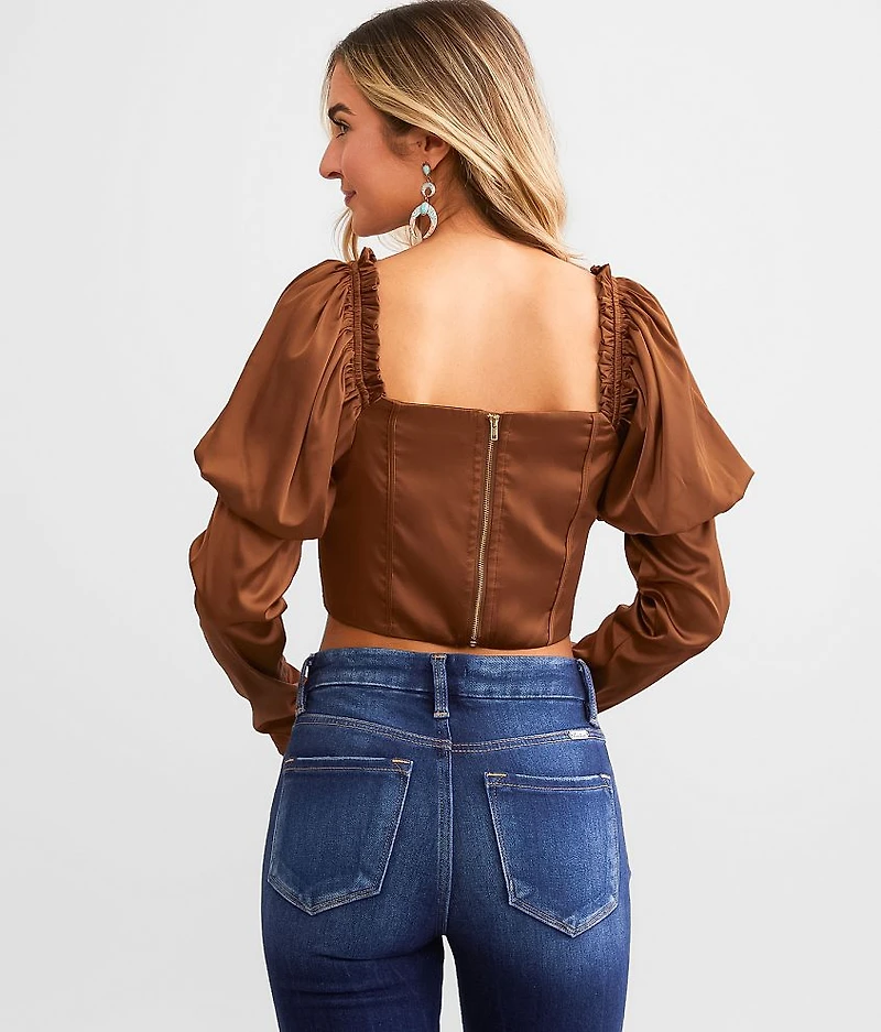 Satin Puff Sleeve Cropped Top