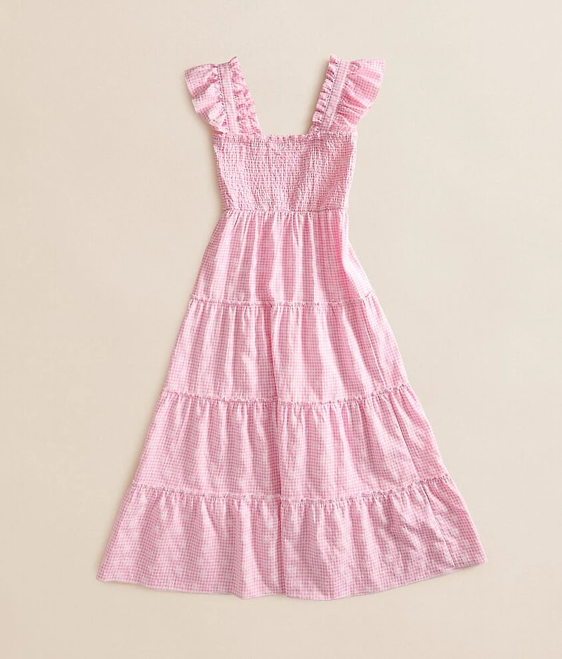 Girls - Floral Embroidered Gingham Maxi Dress
