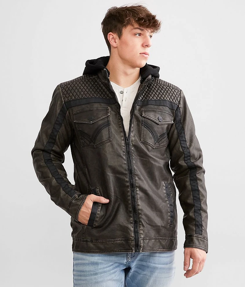 Washed Faux Leather Hooded Jacket