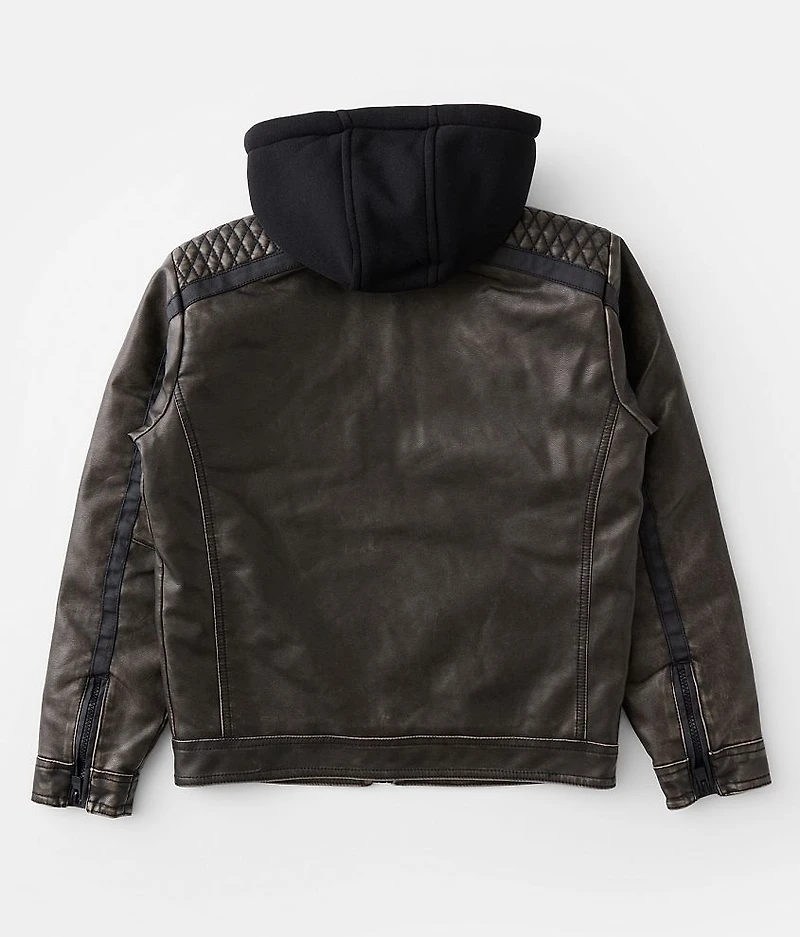 Boys - Washed Faux Leather Hooded Jacket