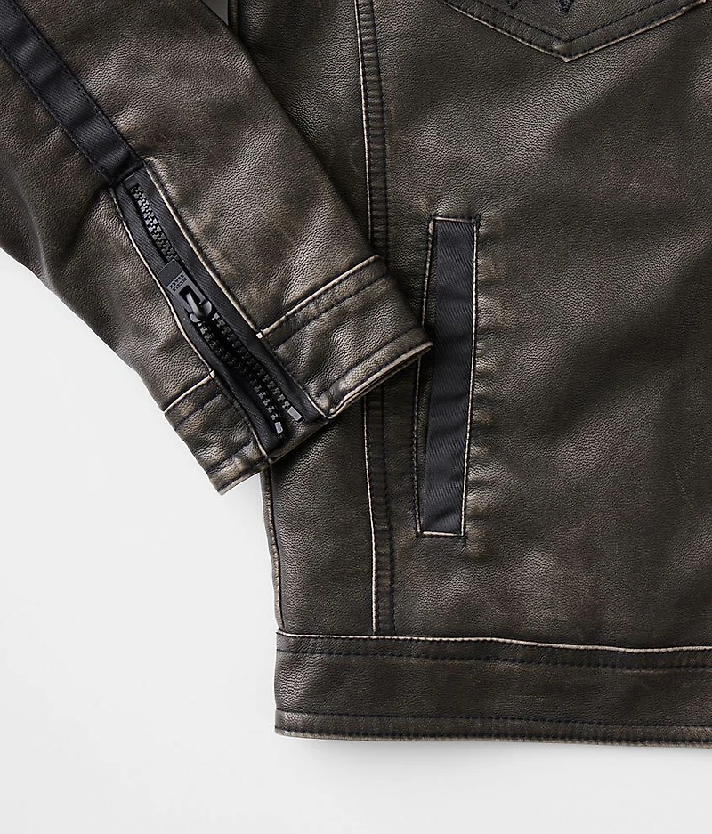 Boys - Washed Faux Leather Hooded Jacket