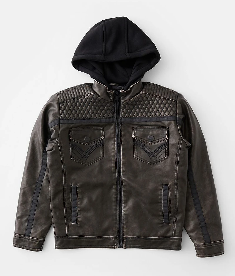 Boys - Washed Faux Leather Hooded Jacket