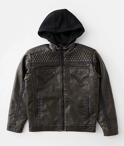 Boys - Washed Faux Leather Hooded Jacket