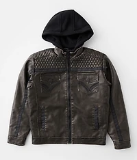 Boys - Washed Faux Leather Hooded Jacket