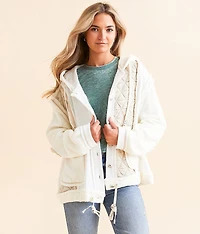 Pieced Raw Edge Waffle Hooded Jacket