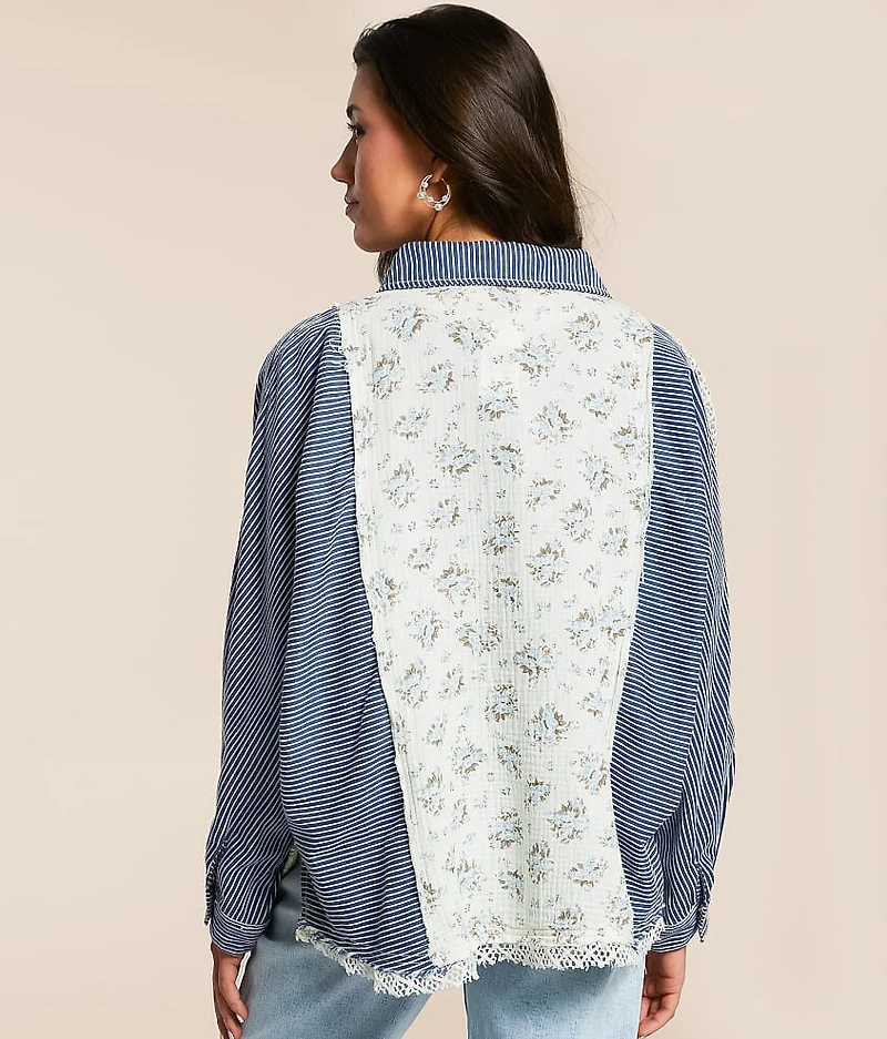 Pieced Floral Crochet Shirt