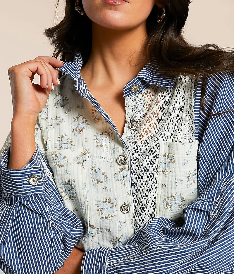 Pieced Floral Crochet Shirt