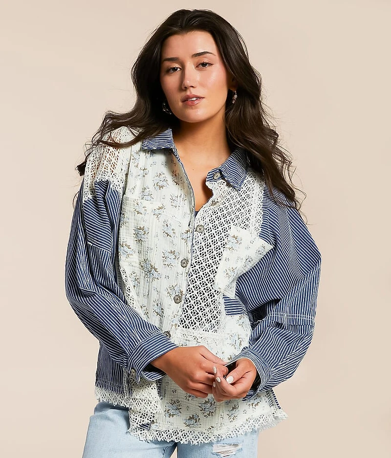 Pieced Floral Crochet Shirt