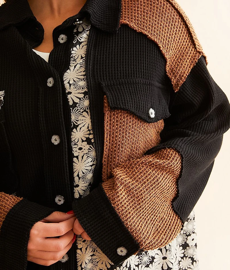 Pieced Floral Waffle Knit Shacket