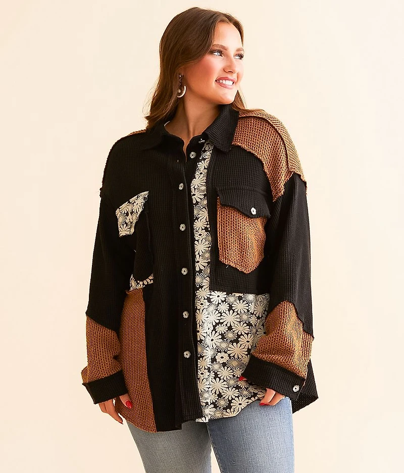 Pieced Floral Waffle Knit Shacket
