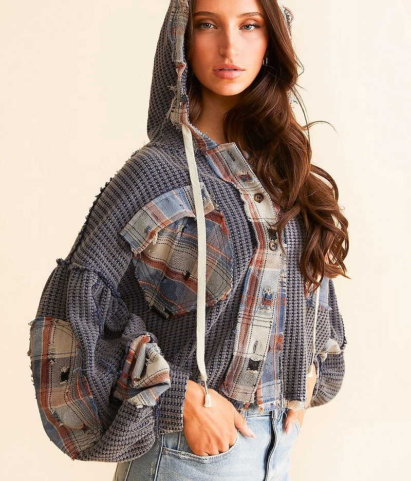 Pieced Plaid Hooded Shacket