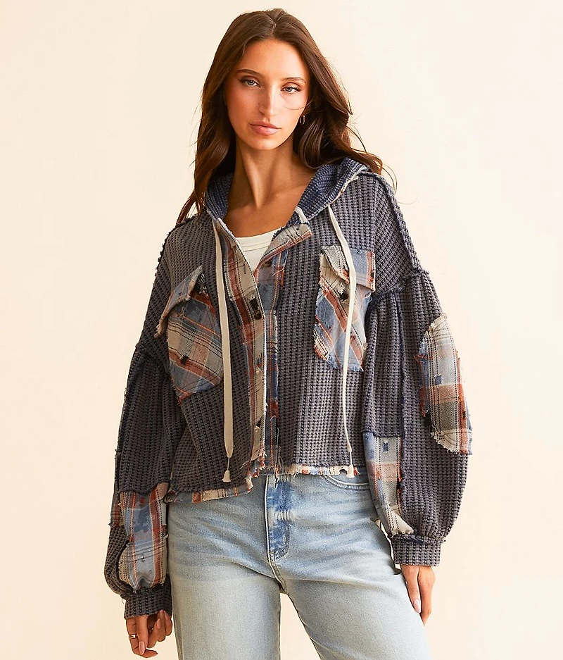 Pieced Plaid Hooded Shacket