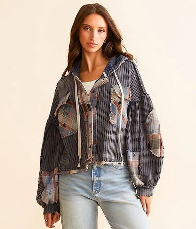 Pieced Plaid Hooded Shacket