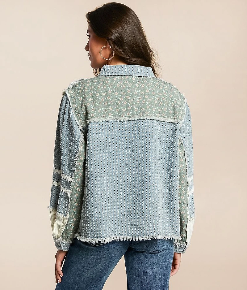 Pieced Floral Denim Oversized Shirt