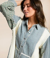 Pieced Floral Denim Oversized Shirt