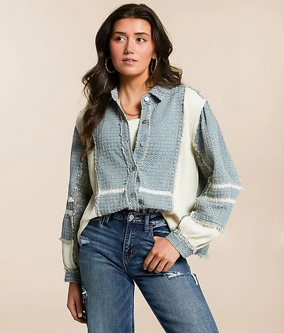 Pieced Floral Denim Oversized Shirt