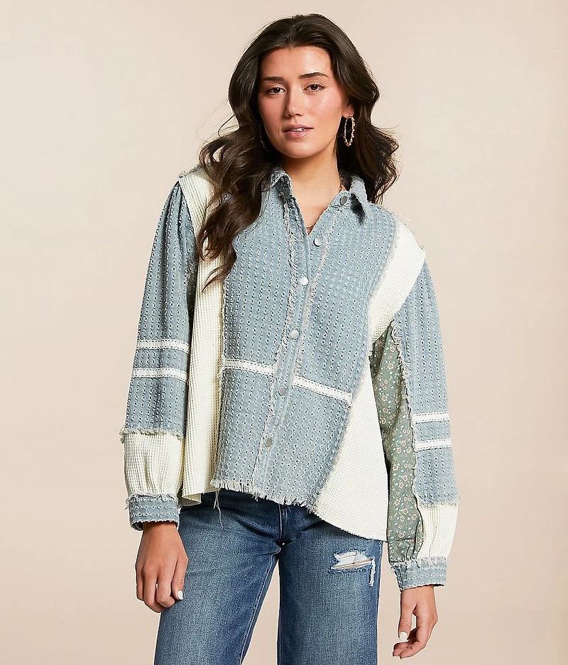 Pieced Floral Denim Oversized Shirt