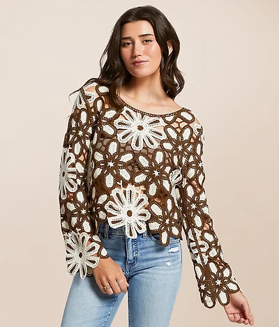 POL Floral Crochet Sweater - One Size