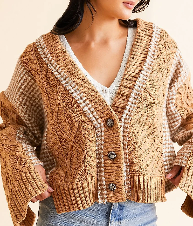 Pieced Houndstooth Cardigan Sweater