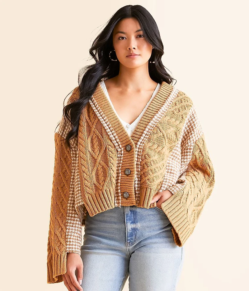 Pieced Houndstooth Cardigan Sweater