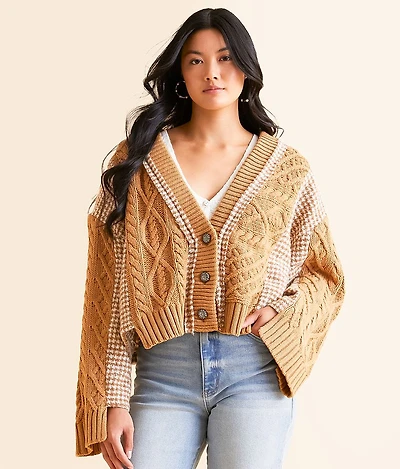 Pieced Houndstooth Cardigan Sweater