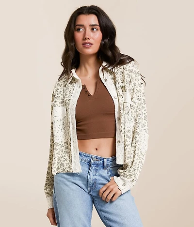 POL Pieced Crochet Cropped Shirt