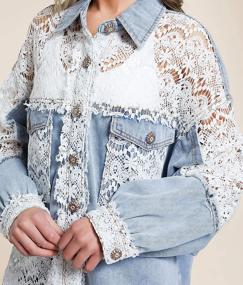 Pieced Lace Oversized Denim Jacket