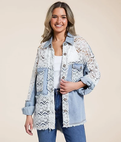 Pieced Lace Oversized Denim Jacket