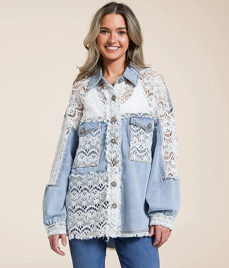 Pieced Lace Oversized Denim Jacket