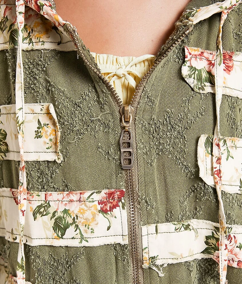 Pieced Floral Hooded Jacket