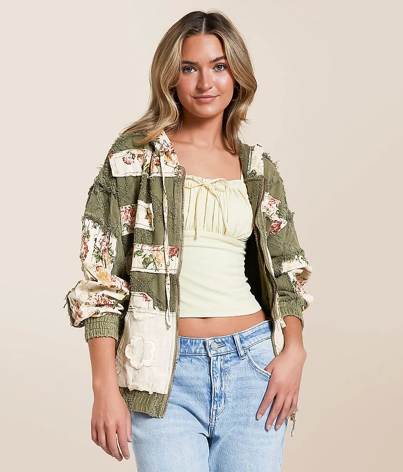 Pieced Floral Hooded Jacket