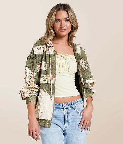 Pieced Floral Hooded Jacket
