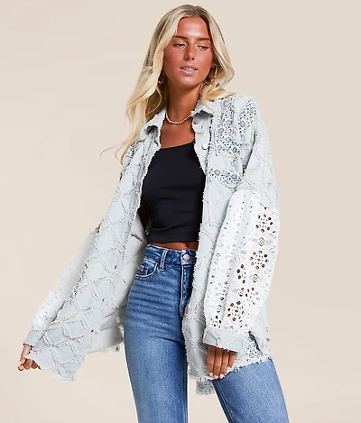 POL Pieced Floral Denim Oversized Shacket